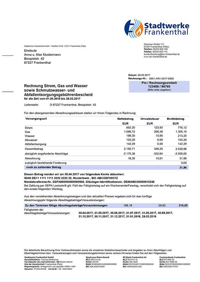 Musterrechnung - Kundenservice - Stadtwerke Frankenthal GmbH